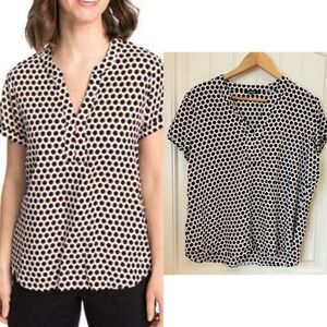Olsen short sleeved tunic white blouse with black and dusty pink dots. Size L